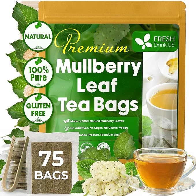 FreshDrinkUS, Premium 75 Mulberry Leaf Tea Bags, 100% Natural & Pure from Mulberry Leaves. Loose Leaf Herbal Tea. Made with Natural Material Tea Bags. No Sugar, No Caffeine, No Gluten, Vegan.