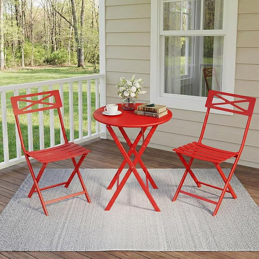 Outdoor Round Bistro Set 3 Piece, Red Iron Patio Furniture Set with Round Table & 2 Chairs, Foldable Steel Backyard Deck Porch Garden Furniture, Space Saving Outdoor Dining Set for Small Spaces