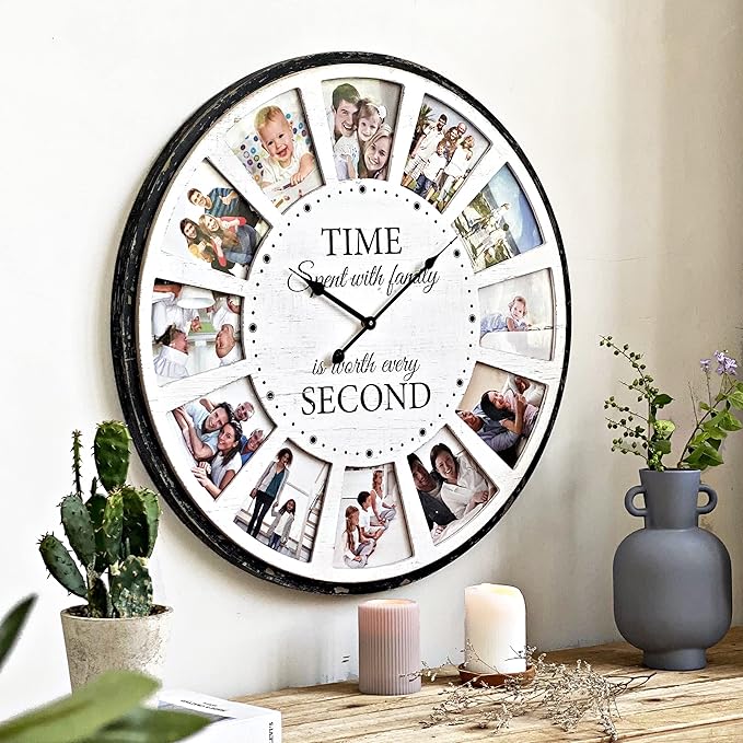 12 Photo Collage Family Wood Wall Clock, Rustic Farmhouse Wall Clock, Large