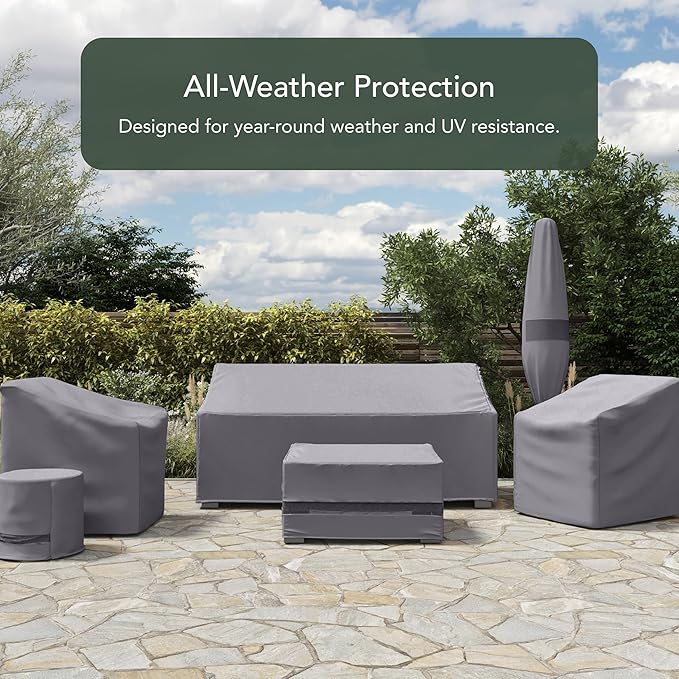 Covermates Elite Outdoor Patio Sofa Cover – Water-Resistant 300D Polyester, Double-Stitched Seams, Elastic Hem, Auto-Locking Drawcord & Mesh Vent for Moderate Weather, 48W x 26D x 34H, Charcoal
