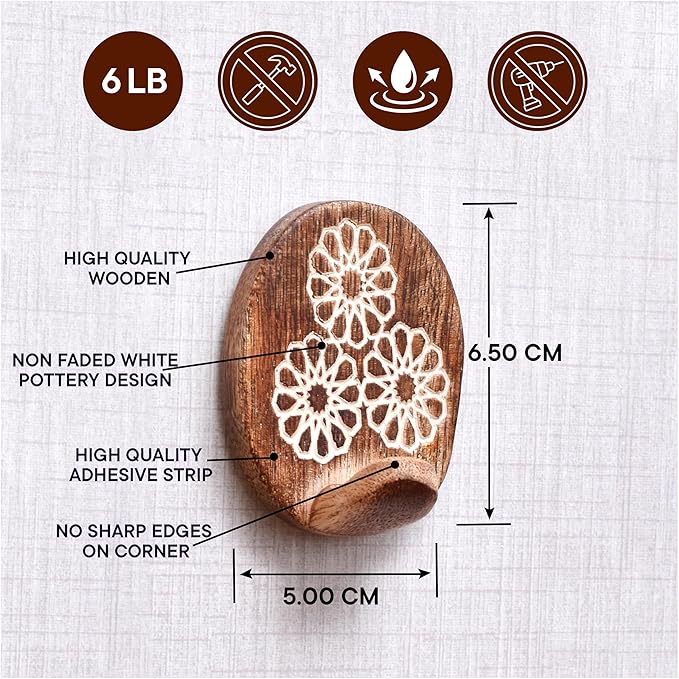 Indian Shelf 6 Lb- 6 Pieces Decorative Wood Adhesive Wall Hooks–Boho Peel and