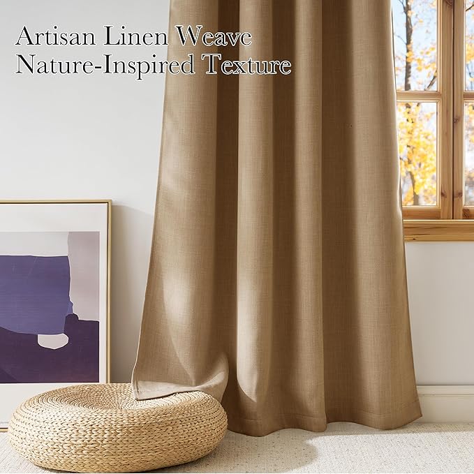 NICETOWN Caramel Faux Linen Room Darkening Rod Pocket Curtains 63 inch Length
