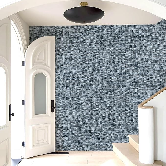 Amiya Grasscloth Wallpaper Blue Peel and Stick Faux Fabric Linen Contact Paper
