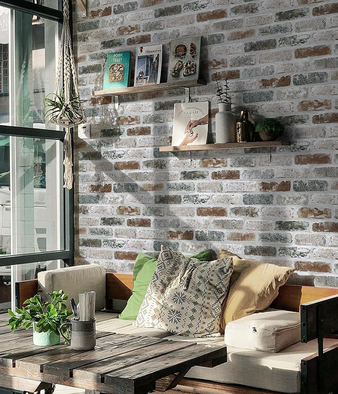Guvana 17.3"×472.4" Brick Peel and Stick Wallpaper Red/Blue/Grey Brick Contact