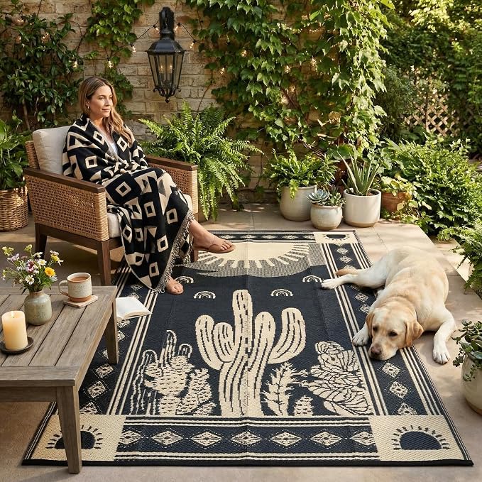 Garvee Waterproof Outdoor Rug 5x8, Cactus Botanical Outdoor Plastic Straw Rug for Camping, Reversible RV Mat Outside, Indoor Outdoor Carpet for Porch, Deck, Backyard, Balcony, Picnic, Black & Brown
