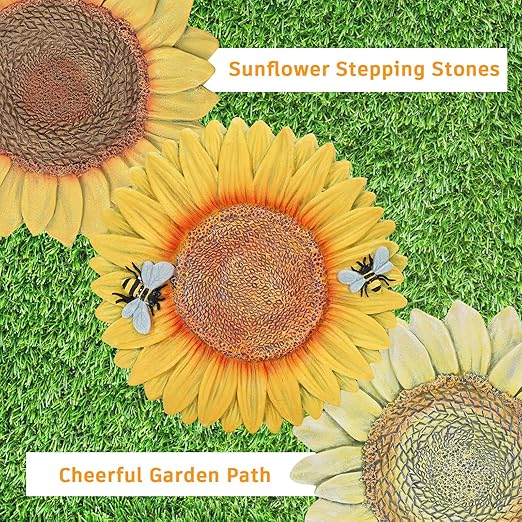 3 Pack Sunflower Stepping Stones for Garden, 10-Inch Faux Stepping Stones Outdoor, Decorative Hand-Painted Garden Stones, Weather-Resistant Pathway Stones for Walkway Yard Patio, Large Stepping Stones