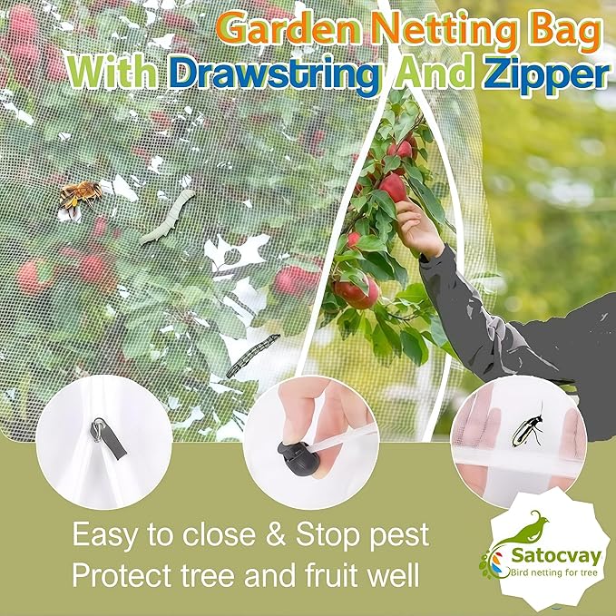 Fruit Tree Netting with Drawstring & Zipper - 4 Pack 10×10 FT - Reusable Plant Protection Bag, Heavy Duty PE Mesh Cover for Blueberry Bushes - Blocks Birds/Deer/Squirrels