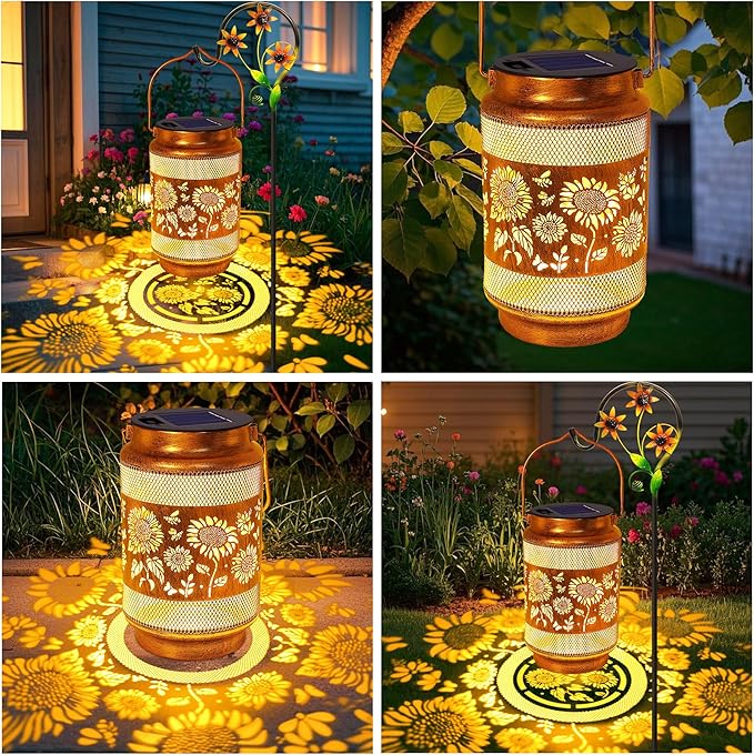 Sunflower Solar Lanterns Outdoor Waterproof with Shepherd Hook, Sunflower Gifts for Mothers Day Birthday Women Mom Grandma, Metal Solar Hanging Lights Garden Decor for Outside Yard Patio Pathway
