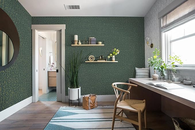 Guvana Grasscloth Peel and Stick Wallpaper Green/Gold Textured Contact Paper