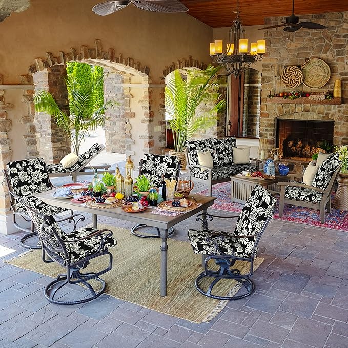 Arden Outdoor Patio Dining Chair Cushion, 20x44, Rain-Proof Seat Pad, Fade-Resistant Outdoor Cushion Ashland Black Jacobean
