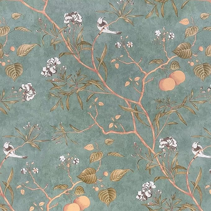 Laatse Green Floral Wallpaper Peel and Stick Bird Wallpaper 17.5" x 78.7"