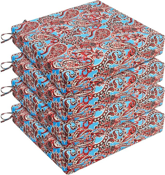 UNIKOME Outdoor Chair Cushions Pack of 4, Water Resistant Patio Cushions with Ties, High Density Sponge Filling Square Corner Seat Cushions for Outdoor Furniture, 19"*19"*3", Brown Paisley