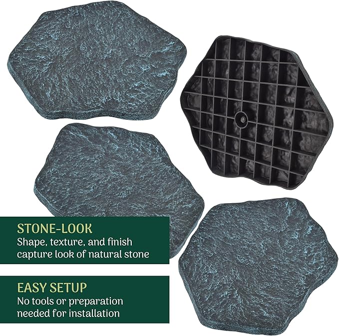 Arcadia Garden Products Set of 4, 16x17” Brushed Teal Stepping Stone Fiberclay Pavers, Outdoor Garden Natural Repeatable Pattern Pathway, Faux Stone Decorative Landscaping Walkway