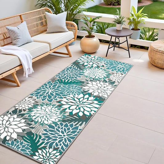 Colorful 2x6 Washable Runner Rug for Hallway Tropical Botanical Modern Floral Chenille Kitchen Rugs Low Pile Non Slip Carpet for Patio, Bedroom, Laundry, Teal