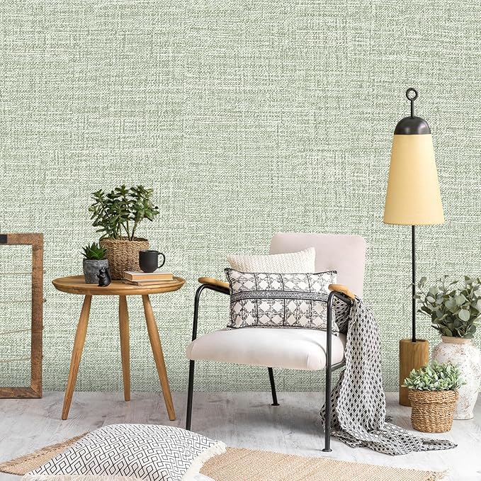 Green Grasscloth Peel and Stick Wallpaper 17.3"x300" Faux Linen Textured
