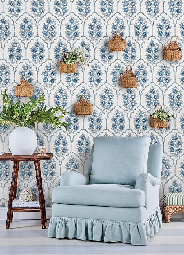 NuWallpaper x Society Social Floral Bazaar Delft Blue Peel and Stick Wallpaper