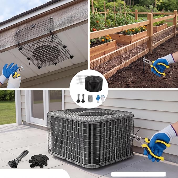 6in x 120ft Solar Panel Bird Guard & Critter Guard Mesh Kit, PVC Coated Wire Mesh Bird Wire with 100 Clips, 100 Cable Ties, Gloves, Pliers, DIY Bird Netting Solar Panel Bird Mesh Barrier