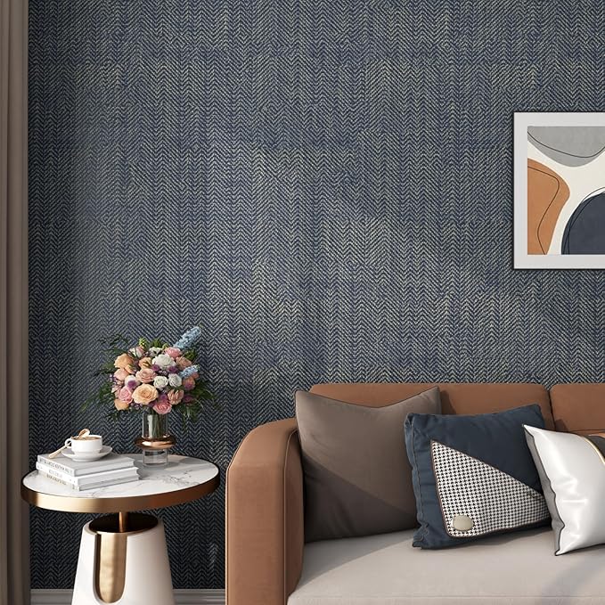 FunStick Gold Navy Blue Grasscloth Wallpaper Peel and Stick Wallpaper Textured