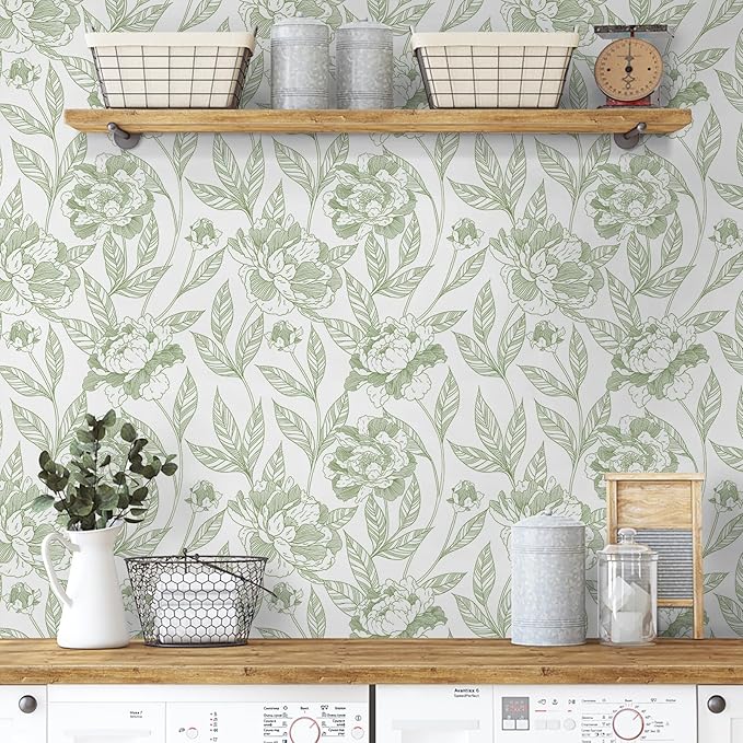 Timeet Peel and Stick Wallpaper Green Floral Wall Paper