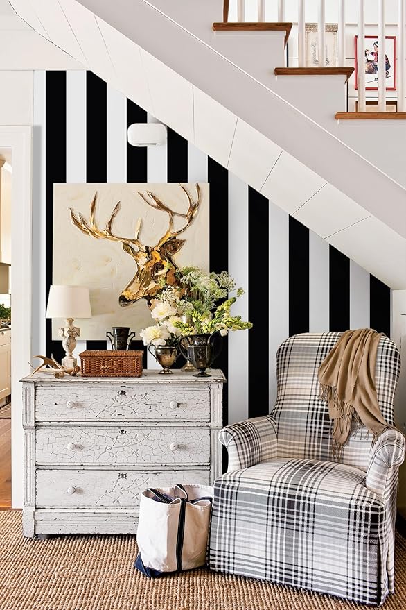 Guvana 472.4"x17.7" Striped Peel and Stick Wallpaper Black and White