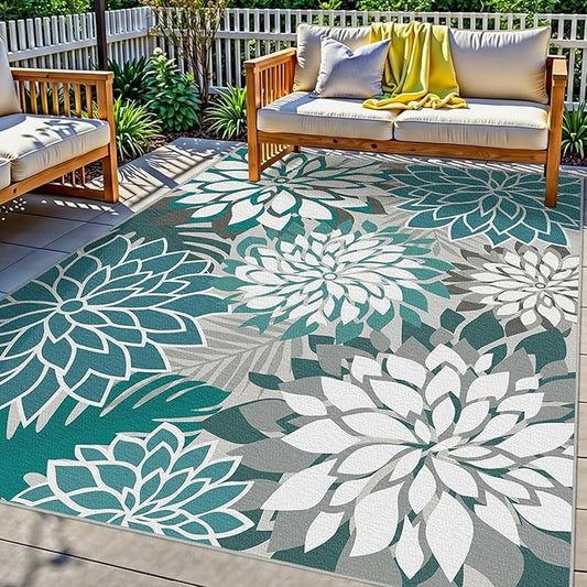 Colorful 9x12 Outdoor Area Rug Washable Multicolored Patio Rug Tropical Botanical Floral Chenille Waterproof Outdoor Carpet Non-Slip for Deck, Backyard, Porch, Teal