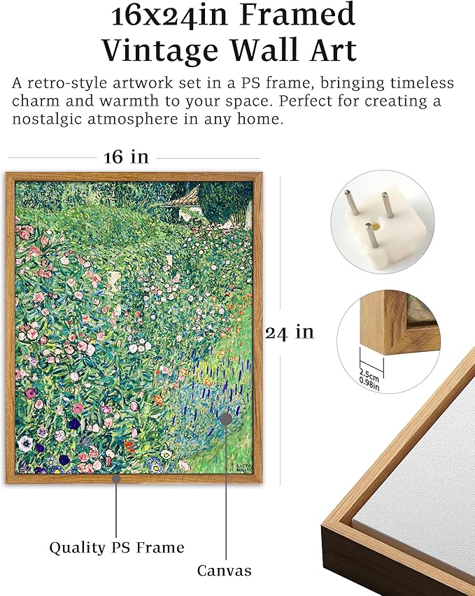 UPWOIGH 16x24 in Large Framed Wall Art, Gustav Klimt Green Botanical Oil Painting Canvas, Vintage Italian Garden Floral Landscape, Retro Moody Wall Decor for Living Room Bedroom, 1 Pack Gift