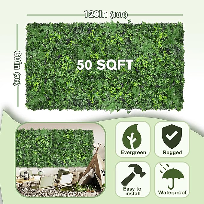Artificial Green Boxwood Grass Wall Panels: 60"x120"（50SQFT） UV Protected Ivy