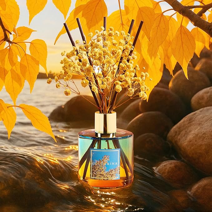 COCORRÍNA Reed Diffuser - Golden Leaves Reed Diffuser Set with 8 Sticks & Preserved Baby's Breath, Reed Diffuser for Home Bathroom Shelf Decor