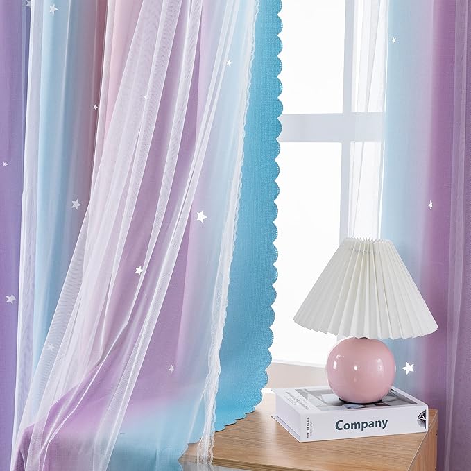 XiDi Curtains for Bedroom Decor, Rainbow Pink Purple/34/79