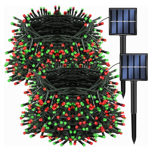 Dazzle Bright Solar String Lights, 200 LED, 66 FT, 8 Modes, Waterproof, Red White and Blue, for 4th of July Decorations