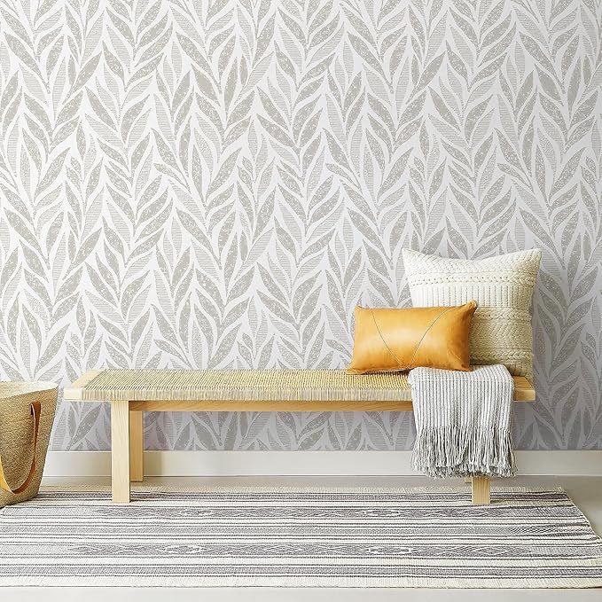 Safiyya 393"x17.3" Boho Peel and Stick Wallpaper Beige and White Wallpaper Leaf