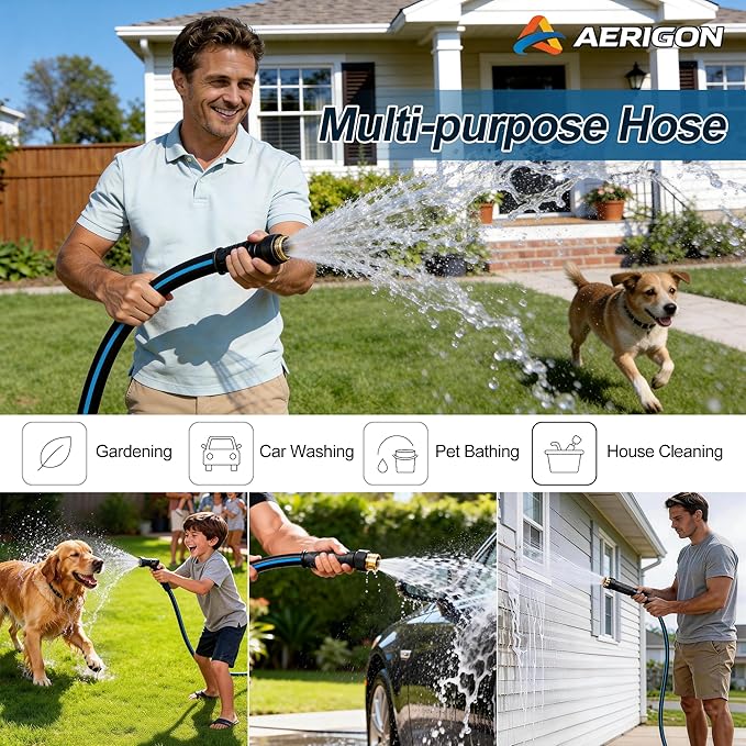Flexible Garden Hose 100 FT NON-EXPANDABLE, Lightweight Kink-free Hybrid Outdoor Hose Pipe with Leakproof Connectors, Durable Heavy Duty Water Hose for Outside Watering, House Cleaning