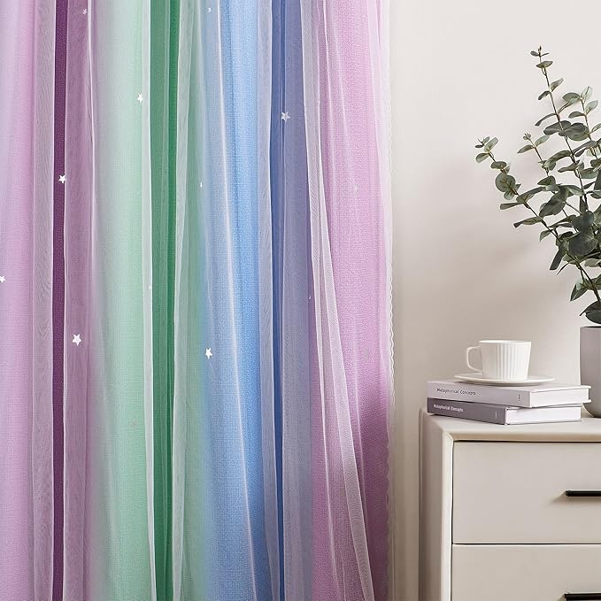 XiDi Curtains for Bedroom Decor, Rainbow Green PurpleBlue34/54/1