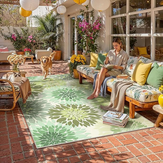 5x7 Indoor Outdoor Area Rug Washable Patio Rug Green Non Slip Non Shedding Waterproof Carpet for Living Room Bedroom Backyard Porch Camping RV Balcony Poolside
