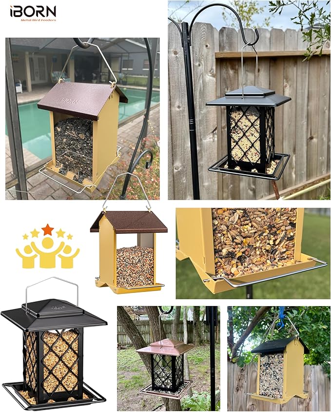 iBorn Bird Feeder House, Metal Bird Feeders for Outdoors Hanging,Double-Sided Metal Hanger & Weatherproof, Easy to Clean & Refill, 2.2 Lbs Capacity, Yellow