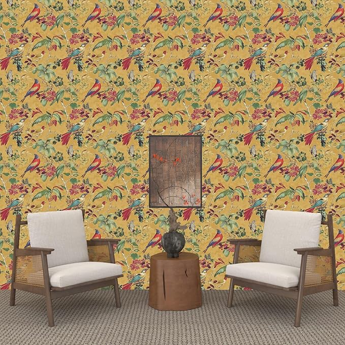 Yellow Boho Wallpaper Peel and Stick, Vintage Floral Bird Contact Paper