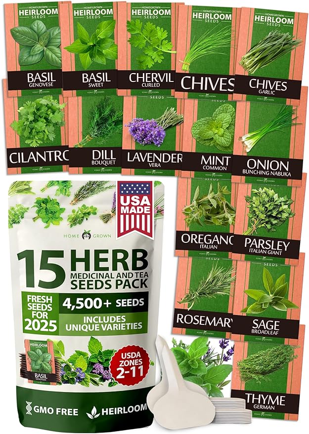 HOME GROWN 15 Herb Seeds for Planting 4,500+ Non-GMO Heirloom Seeds | Extra Large Variety Pack Herb Kit â Indoor Outdoor & Hydroponic | Culinary Seed Set | Grow Your Own Herbs | Gardening Gift