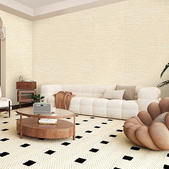 Amiya Grasscloth Cream Wallpaper 17.3"x120" Peel and Stick Beige Faux Fabric