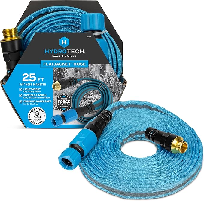 HydroTech FlatJacket 5/8" 25 ft Garden Hose with Patented Force Control Technology- Flexible, Kink-Free, Lightweight Hose for Lawn, Garden, Car Washing, Deck and Patio Cleaning