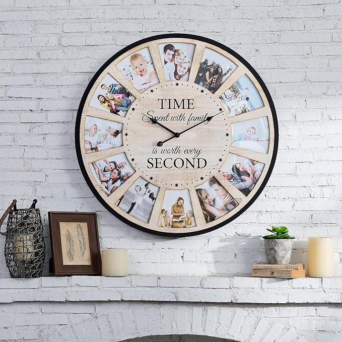 12 Photo Collage Rustic Wood Farmhouse Wall Clock, Large Family Picture Wall