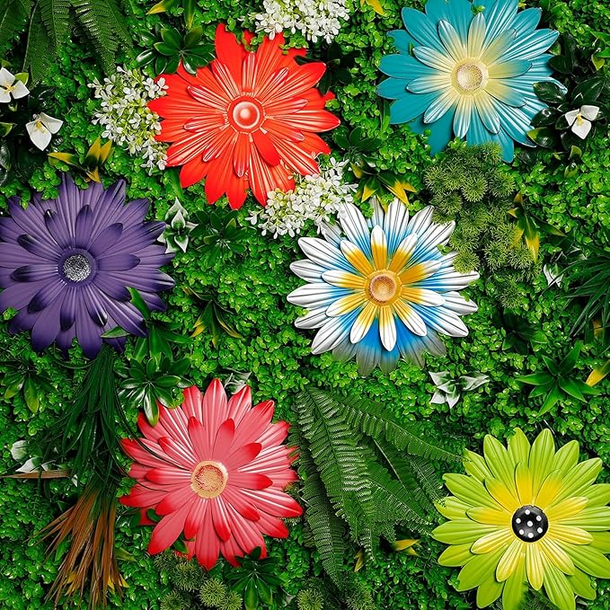 Zhehao 6 Pcs Metal Flower Wall Art Decor 10 Inch Sunflower Wall Decorations Hanging Outdoor Art Multicolored Handmade Metal Flowers Outdoor Decor (Vivid Color)