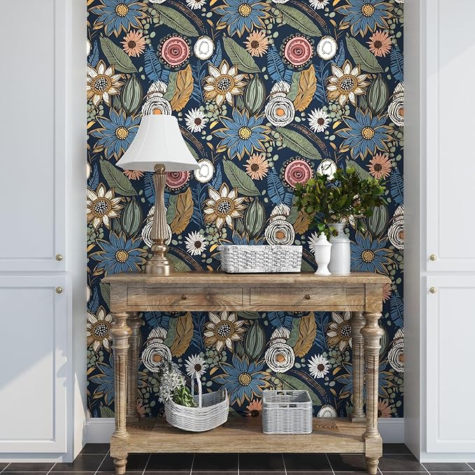 Blue Boho Wallpaper Peel and Stick, Vintage Floral Contact Paper 17.5" x 393.7"