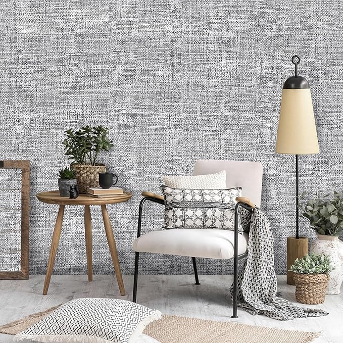 Grey Grasscloth Peel and Stick Wallpaper 17.3"x160" Faux Linen Textured Contact