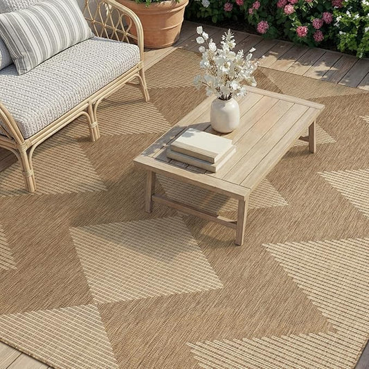 MontVoo-Outdoor Rug Carpet Patio Rug 8x10 Polypropylene Indoor Outdoor Rugs for Patio Deck Balcony Porch, Textured Weave, Durable for High Traffic, Fade-Resistant, Boho Geometric Neutral Brown