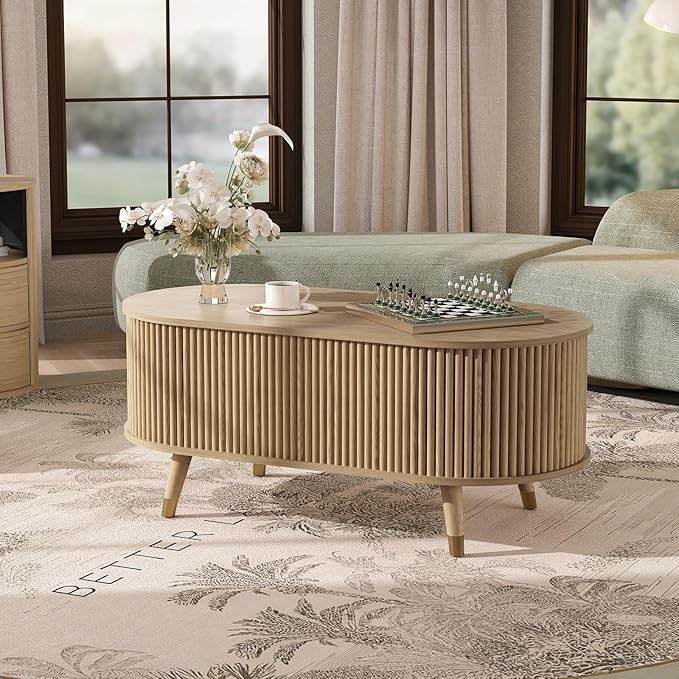 JOINICE 42.5" Oval Lift Top Coffee Table with Storage, Mid Century Modern Oak Center Table with Fluted Panel, Solid Wood Legs & Hidden Compartment for Living Room