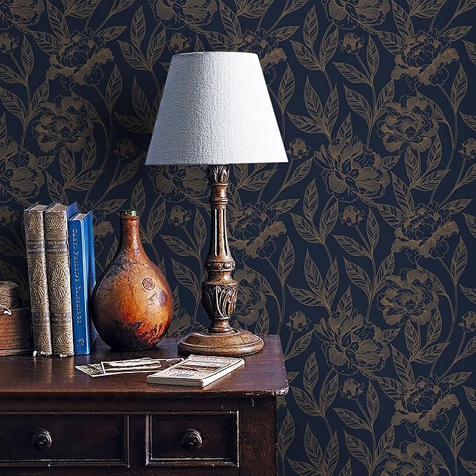 Timeet Peel and Stick Wallpaper Gold and Blue Floral Wall Paper