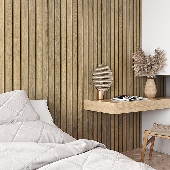 VEELIKE Natural Oak Wood Slat Wallpaper Peel and Stick Light Wood Panel Look