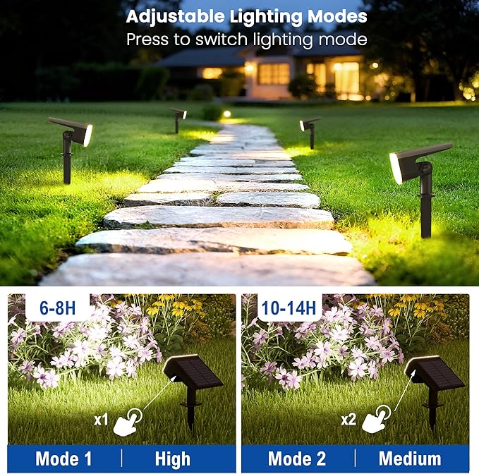 Solar Spot Lights Outdoor Waterproof IP65,6 Pack,Cool Light, 2 Lighting Modes Selectable, Solar Powered Yard Garden Solar Spot Lights for Garden Outside Landscape Auto On/Off