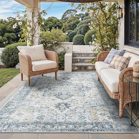 GENIMO Outdoor & Indoor Area Rug 6'x9', Waterproof, Non-Shedding, Easy Cleaning, Boho Mat for Patio, Living Room, Balcony, Dining Room, RV, Deck, Bedroom, Camping, Outside Carpet,Blue