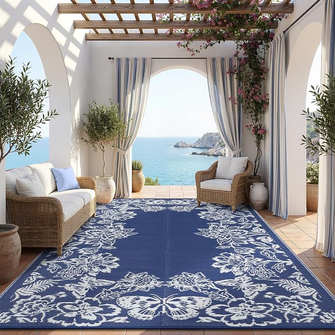 Garvee Outdoor Rugs 9' x 12â Waterproof Reversible Mats, Large Area Plastic Straw Rug, Outside Carpet, Butterfly Floral Rv Mat for Patio Camping Picnic Backyard Deck Balcony Porch Beach Trailer